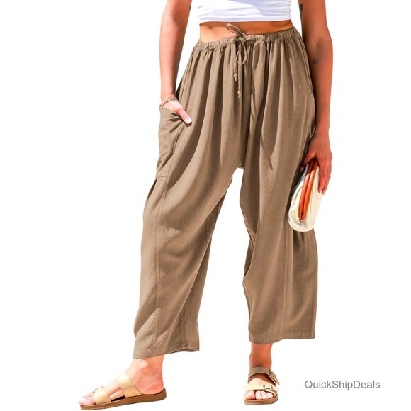 Wide Leg Linen Pants Drawstring Waist Casual Palazzo Harem with Pockets